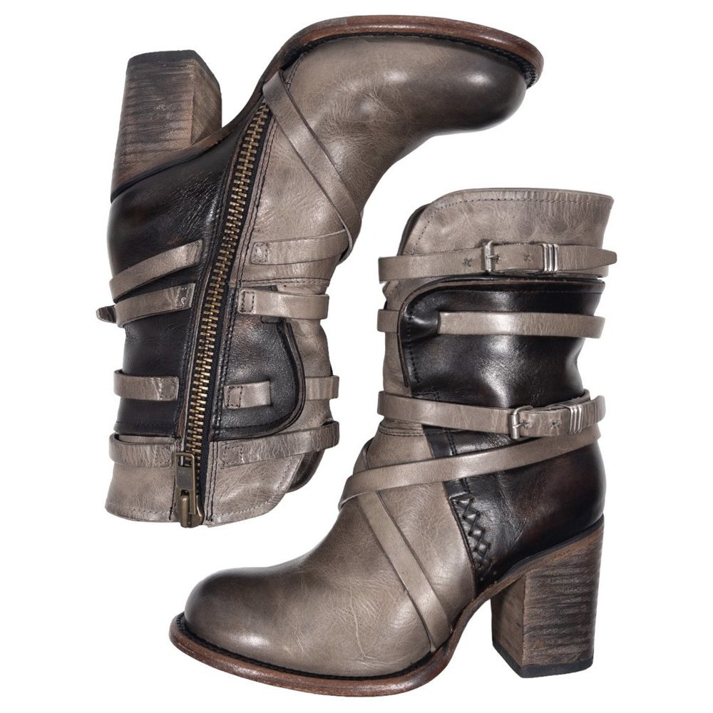 Freebird BAKER Stone Leather Buckle Heeled Ankle Boots Womens US 6